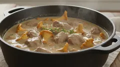 Gryta med fläskkött och kantareller i gjutjärnsgryta, svensk husmanskost