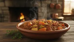 Varm grönsaksgryta serverad i terrakottaskål framför öppen spis.